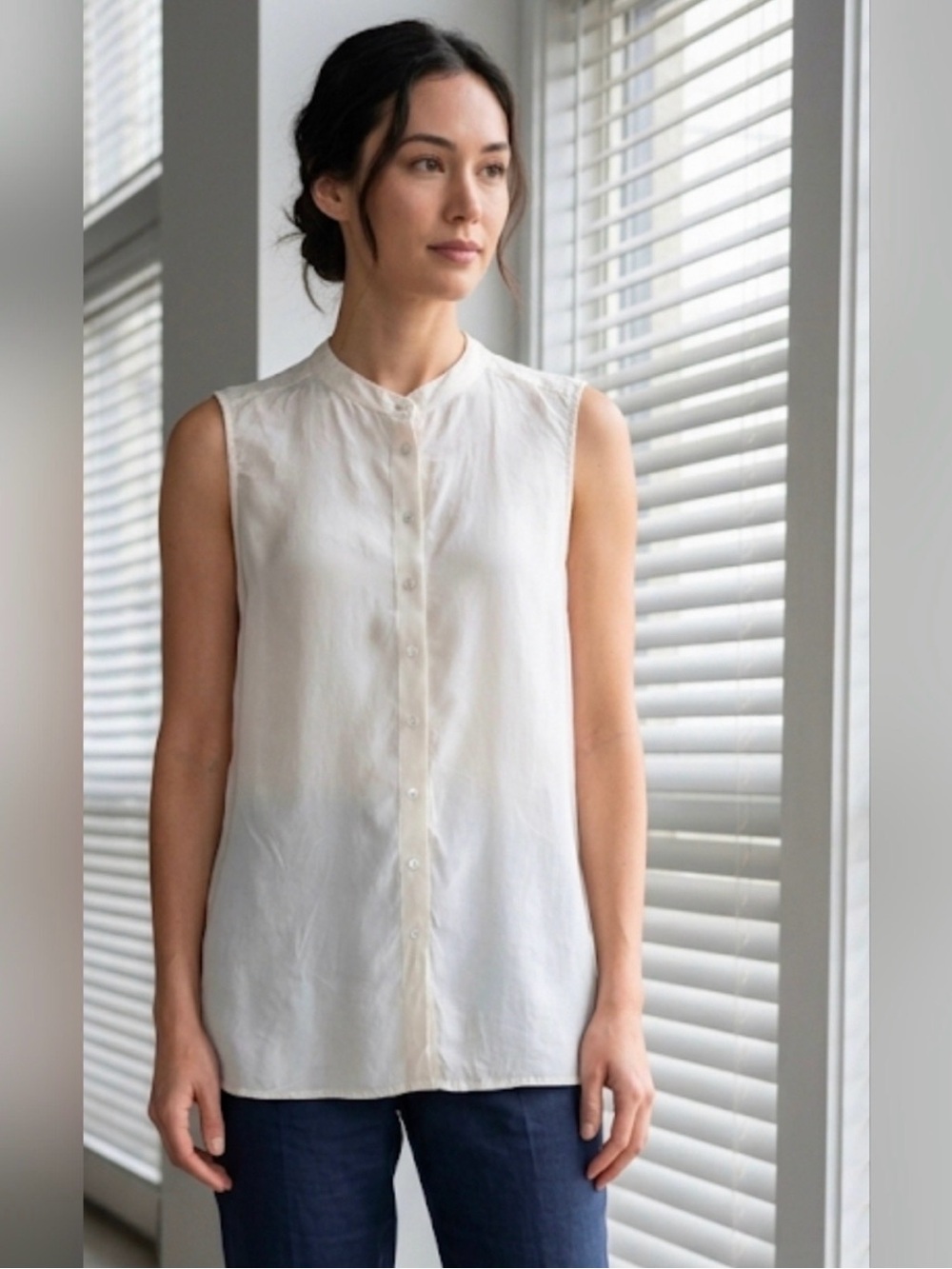 Eileen Fisher Silk Georgette Crepe Sleeveless Shirt Tunic Cream Size L